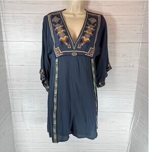 Entro Anthro small navy blue tribal mini babydoll dress cottage romantic fall